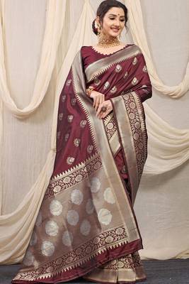 Maroon banarasi silk blend saree with rich zari woven border 2
