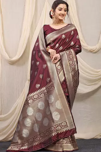 Maroon banarasi silk blend saree with rich zari woven border