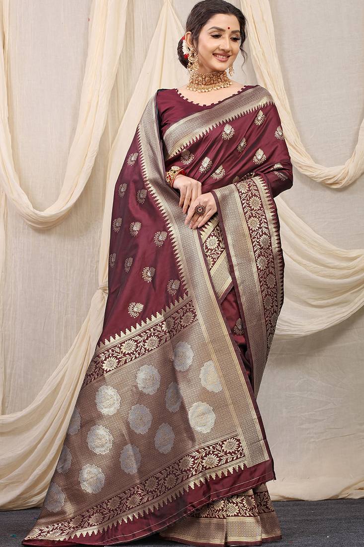 Maroon banarasi silk blend saree with rich zari woven border