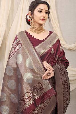 Maroon banarasi silk blend saree with rich zari woven border 3