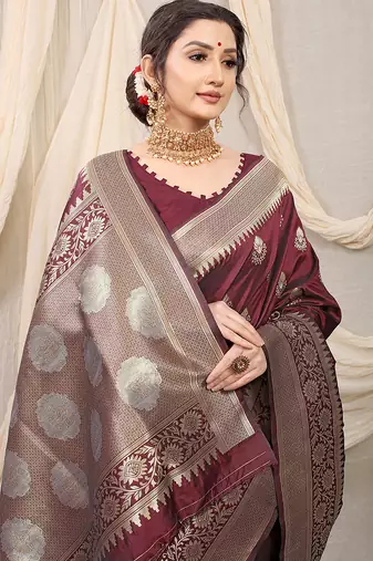 Maroon banarasi silk blend saree with rich zari woven border