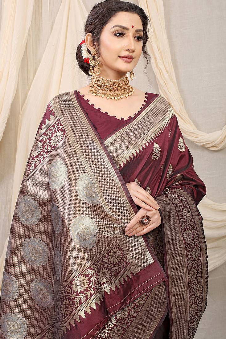 Maroon banarasi silk blend saree with rich zari woven border