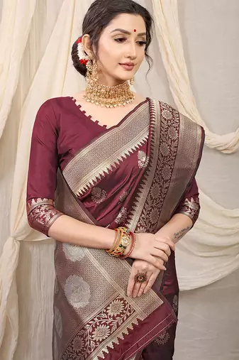Maroon banarasi silk blend saree with rich zari woven border
