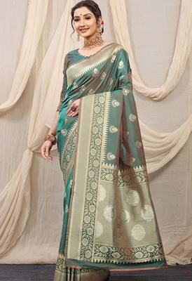 Sea green banarasi silk blend saree with rich zari woven border 1