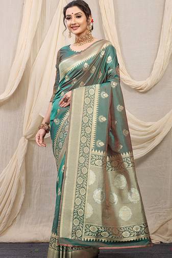 Sea green banarasi silk blend saree with rich zari woven border