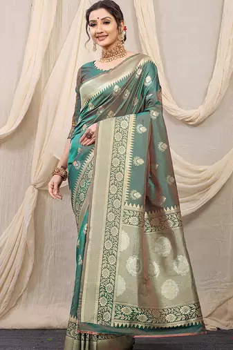 Sea green banarasi silk blend saree with rich zari woven border