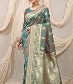 Sea green banarasi silk blend saree with rich zari woven border