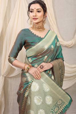 Sea green banarasi silk blend saree with rich zari woven border 3