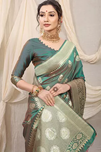 Sea green banarasi silk blend saree with rich zari woven border