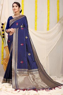 Navy blue banarasi silk blend saree with zari border & woven buti design 1