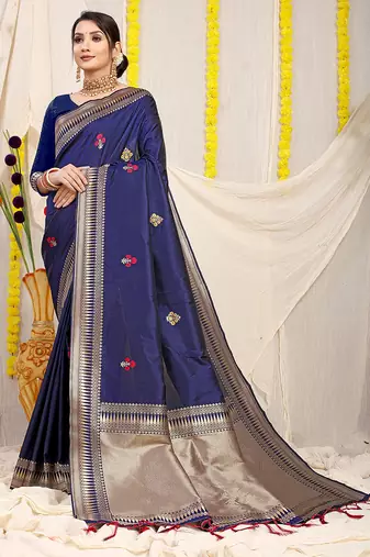 Navy blue banarasi silk blend saree with zari border & woven buti design
