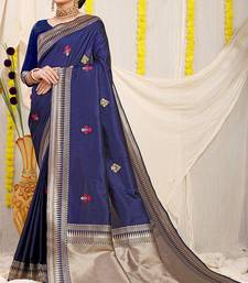 Navy blue banarasi silk blend saree with zari border & woven buti design