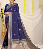 Navy blue banarasi silk blend saree with zari border & woven buti design