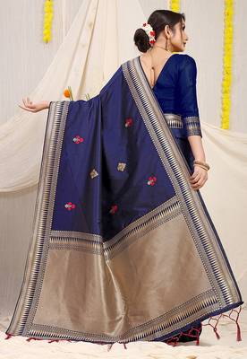 Navy blue banarasi silk blend saree with zari border & woven buti design 2