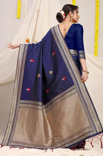Navy blue banarasi silk blend saree with zari border & woven buti design