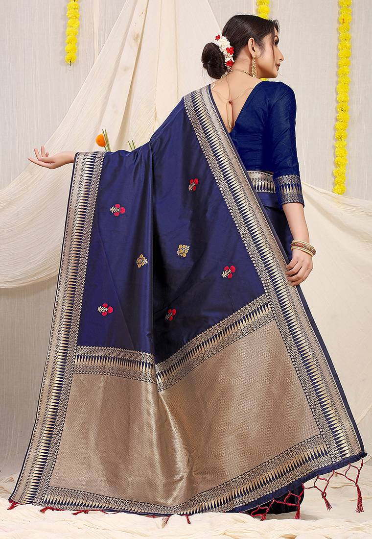 Navy blue banarasi silk blend saree with zari border & woven buti design
