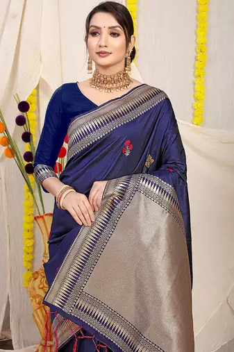 Navy blue banarasi silk blend saree with zari border & woven buti design