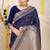 Navy blue banarasi silk blend saree with zari border & woven buti design