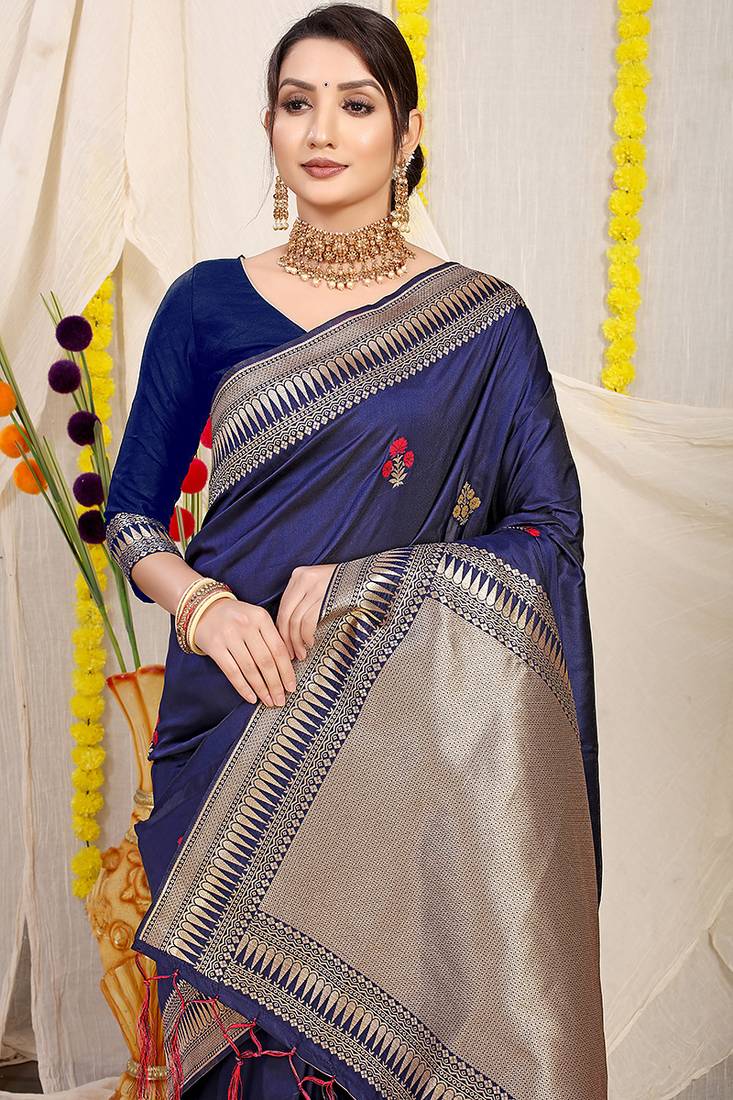 Navy blue banarasi silk blend saree with zari border & woven buti design