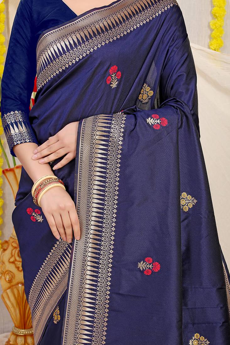Navy blue banarasi silk blend saree with zari border & woven buti design