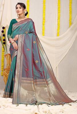Teal green dual-tone banarasi silk blend saree with zari border & woven buti design 1