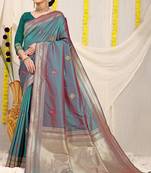 Teal green dual-tone banarasi silk blend saree with zari border & woven buti design