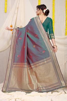 Teal green dual-tone banarasi silk blend saree with zari border & woven buti design 2