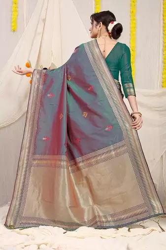 Teal green dual-tone banarasi silk blend saree with zari border & woven buti design