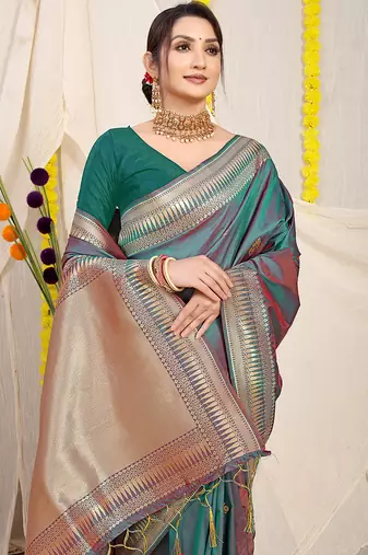 Teal green dual-tone banarasi silk blend saree with zari border & woven buti design