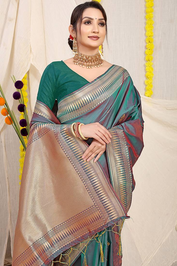 Teal green dual-tone banarasi silk blend saree with zari border & woven buti design