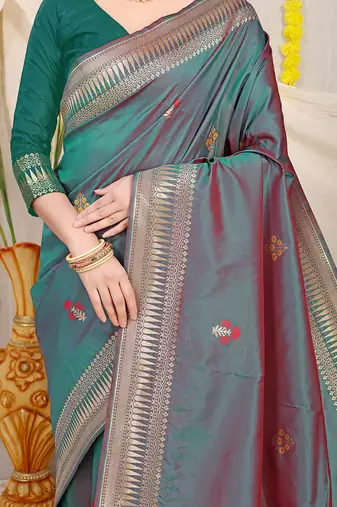 Teal green dual-tone banarasi silk blend saree with zari border & woven buti design