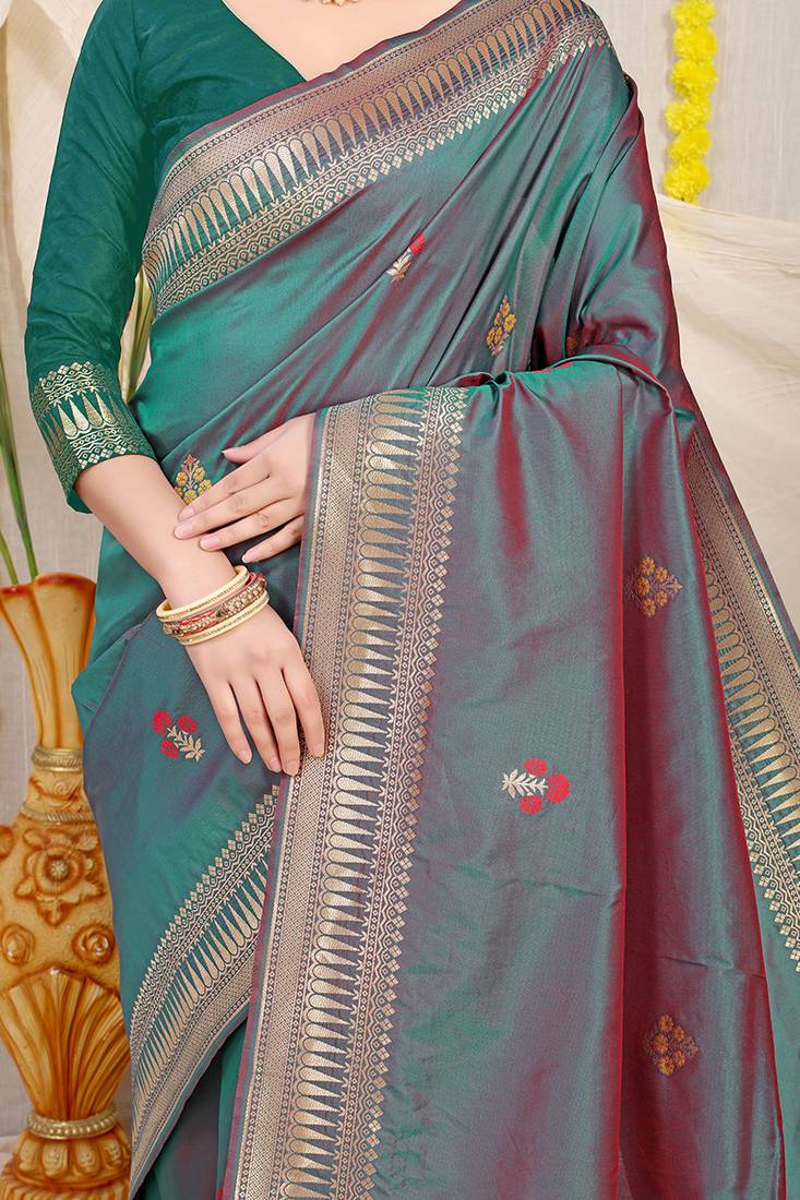 Teal green dual-tone banarasi silk blend saree with zari border & woven buti design