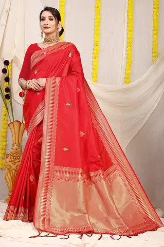 Red banarasi silk blend saree with zari border & woven buti design