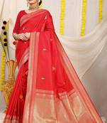 Red banarasi silk blend saree with zari border & woven buti design