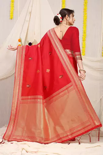 Red banarasi silk blend saree with zari border & woven buti design