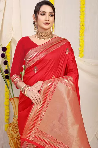 Red banarasi silk blend saree with zari border & woven buti design