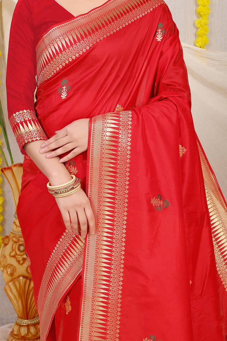 Red banarasi silk blend saree with zari border & woven buti design