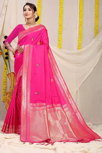 Rani pink banarasi silk blend saree with zari border & woven buti design