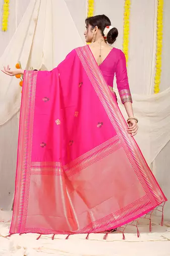 Rani pink banarasi silk blend saree with zari border & woven buti design
