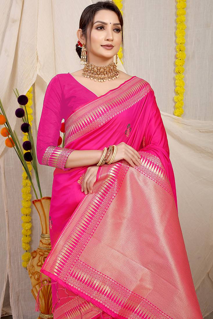 Rani pink banarasi silk blend saree with zari border & woven buti design