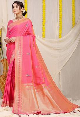 Pink banarasi silk blend saree with zari border & woven buti design 1