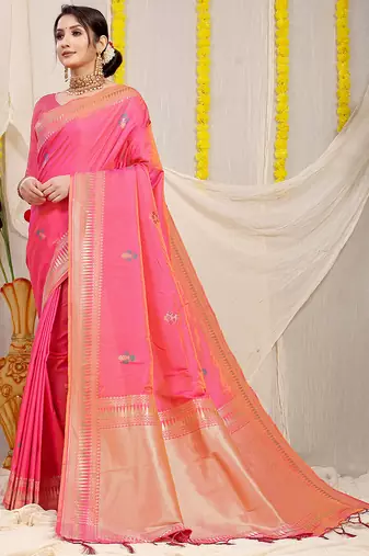 Pink banarasi silk blend saree with zari border & woven buti design