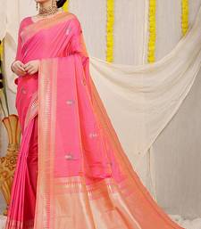 Pink banarasi silk blend saree with zari border & woven buti design