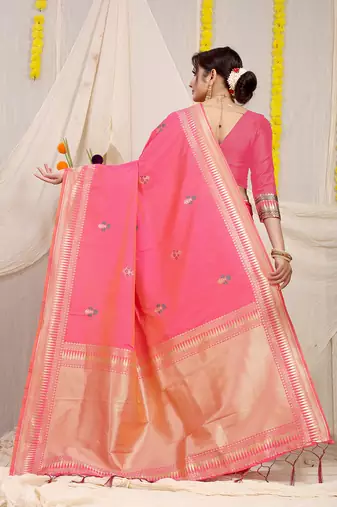 Pink banarasi silk blend saree with zari border & woven buti design