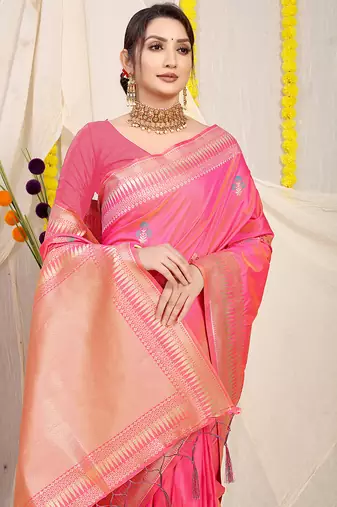 Pink banarasi silk blend saree with zari border & woven buti design