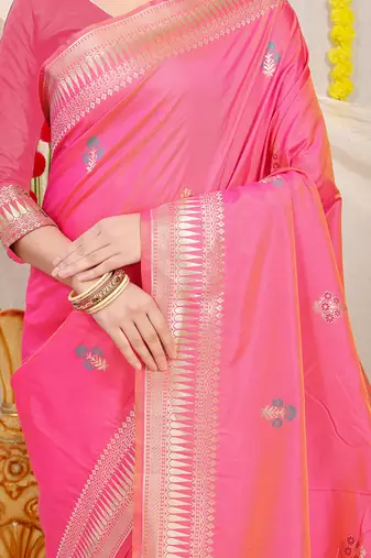 Pink banarasi silk blend saree with zari border & woven buti design