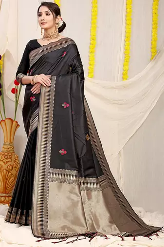 Black banarasi silk blend saree with zari border & woven buti design