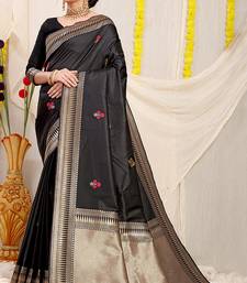 Black banarasi silk blend saree with zari border & woven buti design