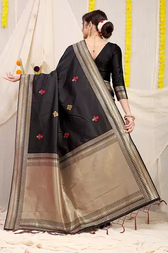 Black banarasi silk blend saree with zari border & woven buti design