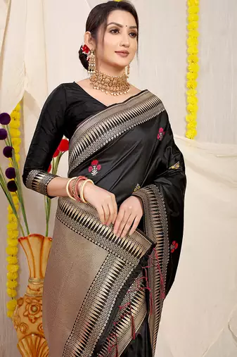 Black banarasi silk blend saree with zari border & woven buti design